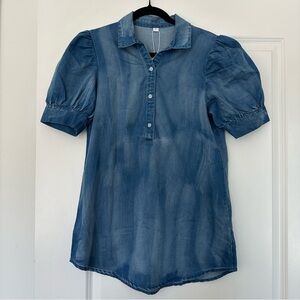 NWT! (Women’s Small) Medium Wash Denim Blue Button Front Popover Blouse Ruffles